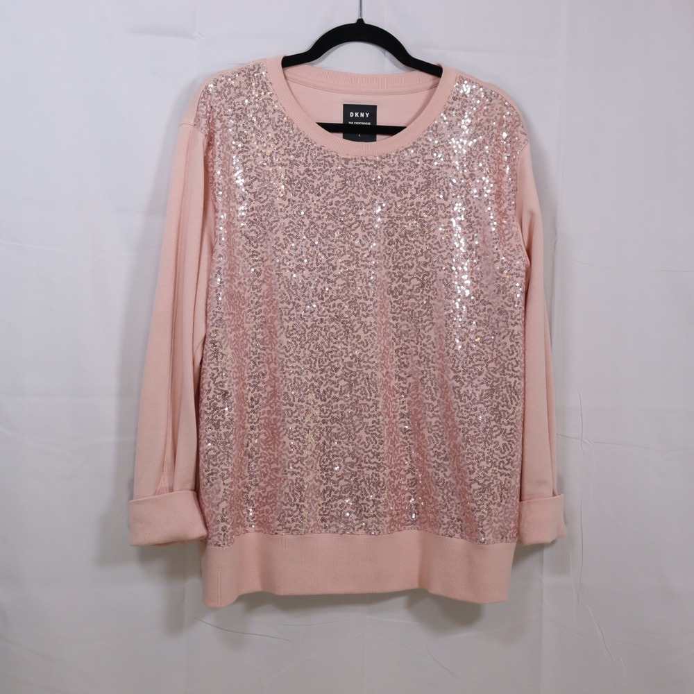 DKNY Sequin Sweatshirt Large Pink Womens Crewneck Sparkle Pullover